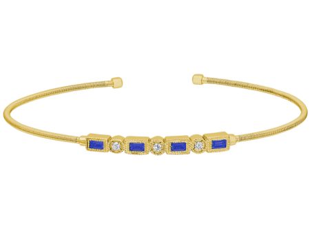 Gold Finish Sterling Silver Cable Cuff Bracelet with Simulated Sapphires and Simulated Diamonds Discount