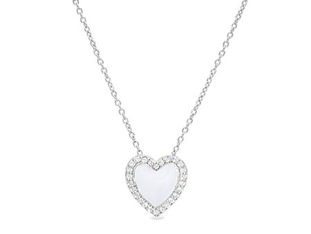 Platinum Finish Sterling Silver Micropave White Enamel Heart Pendant with Simulated Diamonds on 16  -18  Cable Chain Fashion