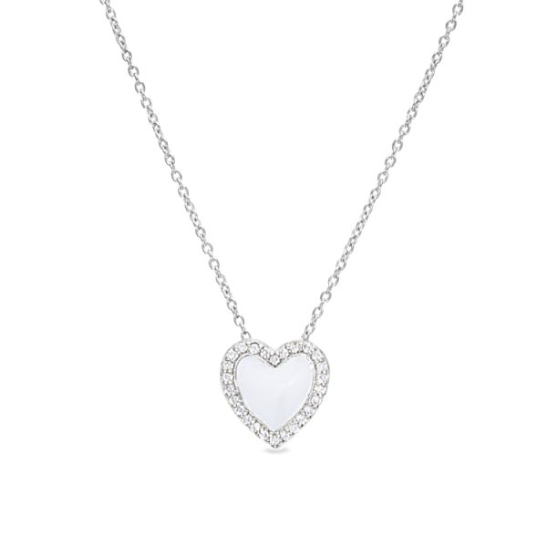 Platinum Finish Sterling Silver Micropave White Enamel Heart Pendant with Simulated Diamonds on 16  -18  Cable Chain Fashion