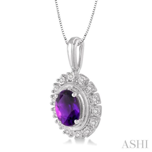 1 10 Ctw Oval Shape 8x6 MM Amethyst & Round Cut Diamond Semi Precious Pendant With Chain in 10K White Gold Discount