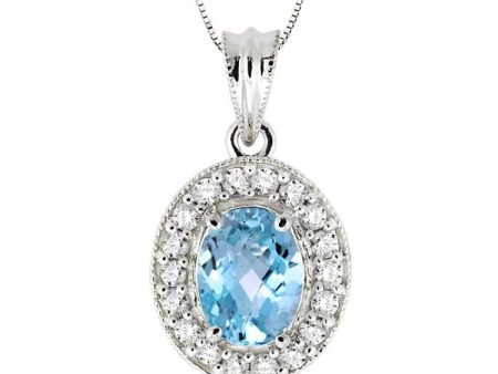 8x6 MM Oval Cut Aquamarine and 1 3 Ctw Round Cut Diamond Pendant in 14K White Gold with Chain Hot on Sale