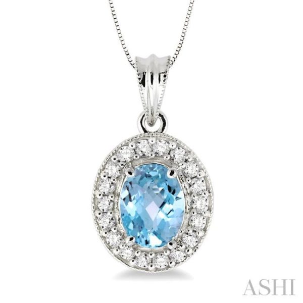 8x6 MM Oval Cut Aquamarine and 1 3 Ctw Round Cut Diamond Pendant in 14K White Gold with Chain Hot on Sale