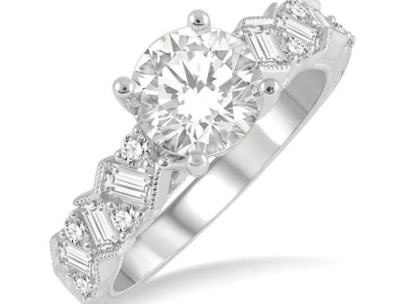 1 2 ctw Zigzag Shank Baguette and Round Cut Diamond Semi-Mount Engagement Ring in 14K White Gold Discount