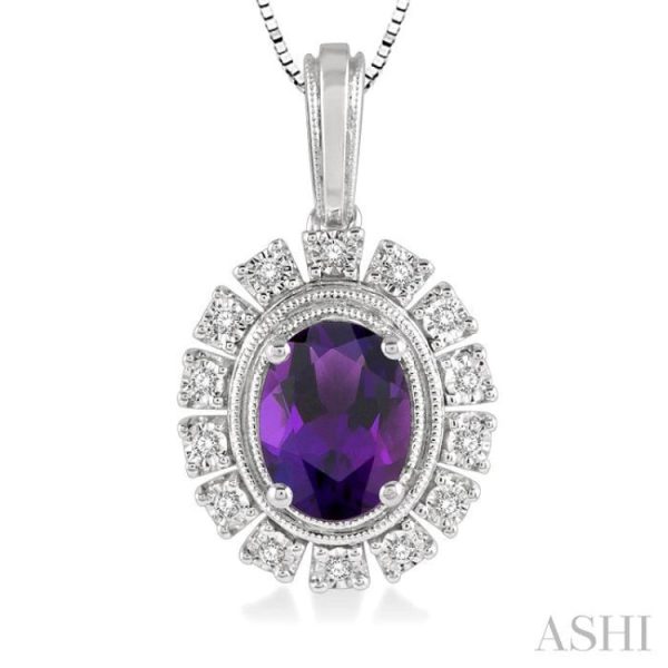 1 10 Ctw Oval Shape 8x6 MM Amethyst & Round Cut Diamond Semi Precious Pendant With Chain in 10K White Gold Discount