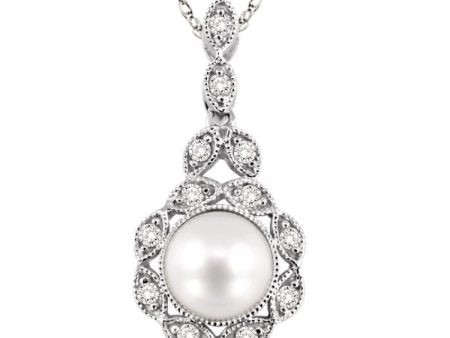 6.5 MM Cultured Pearl and 1 10 Ctw Single Cut Diamond Pendant in 14K White Gold with Chain For Discount