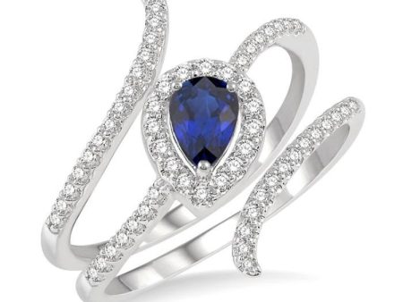 1 3 Ctw Pear Shape 6x4 MM Sapphire & Round Cut Diamond Precious Ring in 14K White Gold on Sale