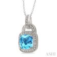 10x10 MM Cushion Shape Blue Topaz and 1 20 Ctw Single Cut Diamond Pendant in Sterling Silver with Chain Online now