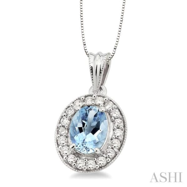 8x6 MM Oval Cut Aquamarine and 1 3 Ctw Round Cut Diamond Pendant in 14K White Gold with Chain Hot on Sale