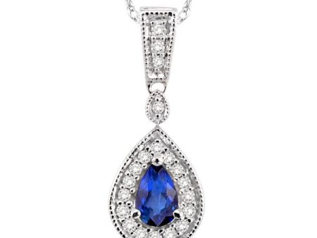 6x4 MM Pear Shape Sapphire and 1 6 Ctw Round Cut Diamond Pendant in 14K White Gold with Chain Cheap