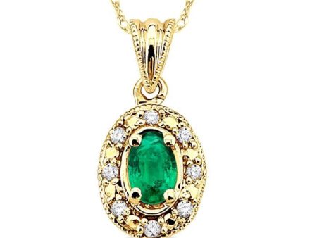 5x3 MM Oval Shape Emerald and 1 20 Ctw Single Cut Diamond Pendant in 14K Yellow Gold with Chain Cheap