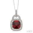 10x10 MM Cushion Shape Garnet and 1 20 Ctw Single Cut Diamond Pendant in Sterling Silver with Chain Hot on Sale