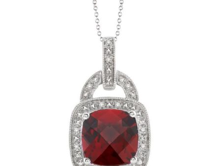 10x10 MM Cushion Shape Garnet and 1 20 Ctw Single Cut Diamond Pendant in Sterling Silver with Chain Hot on Sale