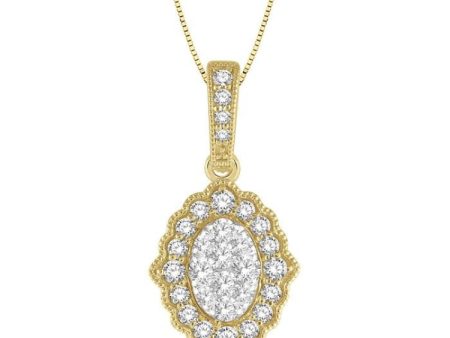 1 4 ctw Lattice Edge Oval Shape Lovebright Round Cut Diamond Pendant With Chain in 14K Yellow and White Gold Online