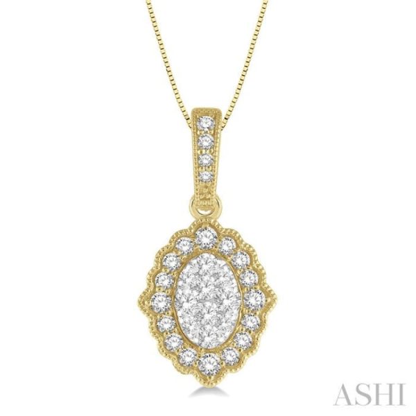 1 4 ctw Lattice Edge Oval Shape Lovebright Round Cut Diamond Pendant With Chain in 14K Yellow and White Gold Online