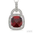 10x10 MM Cushion Shape Garnet and 1 20 Ctw Single Cut Diamond Pendant in Sterling Silver with Chain Hot on Sale