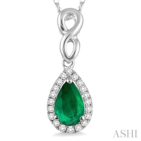 6x4 MM Pear Shape Emerald and 1 10 Ctw Round Cut Diamond Pendant in 10K White Gold with Chain For Discount