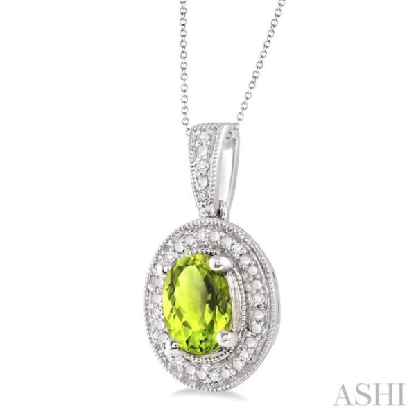 8x6 MM Oval Cut Peridot and 1 20 Ctw Single Cut Diamond Pendant in Sterling Silver with Chain Online Sale