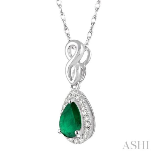 6x4 MM Pear Shape Emerald and 1 10 Ctw Round Cut Diamond Pendant in 10K White Gold with Chain For Discount