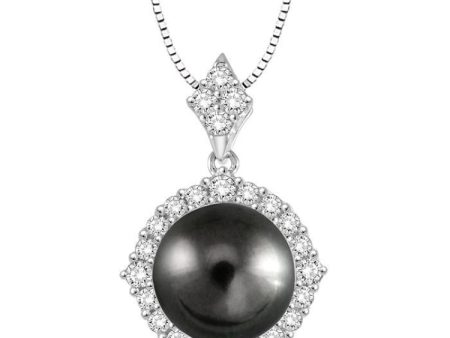 10x10MM Black Cultured Pearl and 1 2 Ctw Round Cut Diamond Pendant in 14K White Gold with chain on Sale