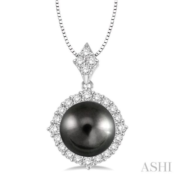 10x10MM Black Cultured Pearl and 1 2 Ctw Round Cut Diamond Pendant in 14K White Gold with chain on Sale