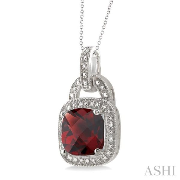 10x10 MM Cushion Shape Garnet and 1 20 Ctw Single Cut Diamond Pendant in Sterling Silver with Chain Hot on Sale