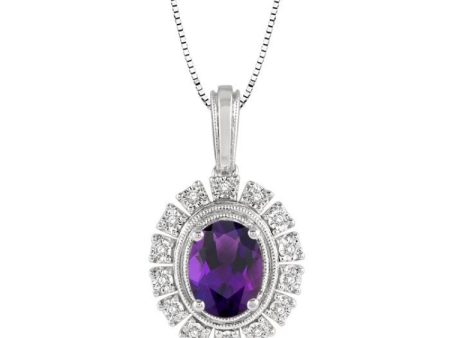 1 10 Ctw Oval Shape 8x6 MM Amethyst & Round Cut Diamond Semi Precious Pendant With Chain in 10K White Gold Discount