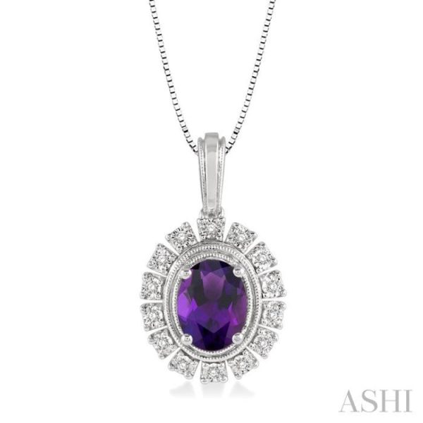 1 10 Ctw Oval Shape 8x6 MM Amethyst & Round Cut Diamond Semi Precious Pendant With Chain in 10K White Gold Discount