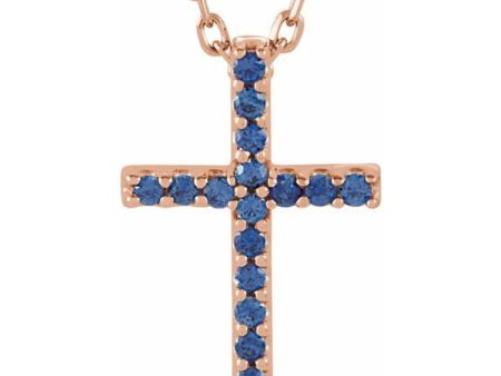 14K Rose Natural Blue Sapphire Petite Cross 16  Necklace For Sale