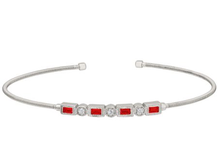 Rhodium Finish Sterling Silver Cable Cuff Bracelet with Simulated Ruby and Simulated Diamonds Fashion