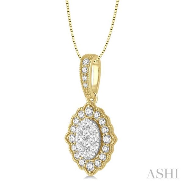 1 4 ctw Lattice Edge Oval Shape Lovebright Round Cut Diamond Pendant With Chain in 14K Yellow and White Gold Online