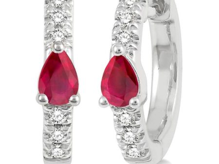 1 10 Ctw 4X3MM Pear Cut Ruby and Round Cut Diamond Huggie Earrings in 10K White Gold For Discount