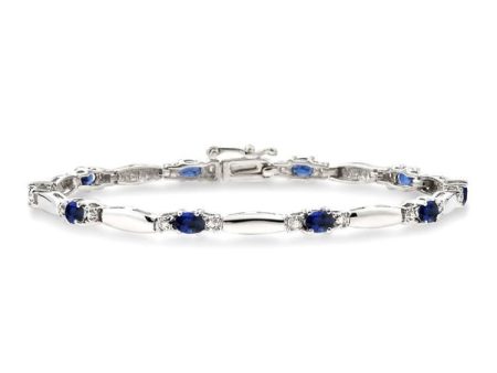 1 10 Ctw Bar and Oval Mount Round Cut Diamond & 5x3MM Oval Cut Sapphire Precious Bracelet in 10K White Gold Supply