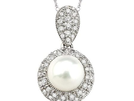 6.5 MM Cultured Pearl and 1 4 Ctw Single Cut Diamond Pendant in 14K White Gold with Chain For Sale