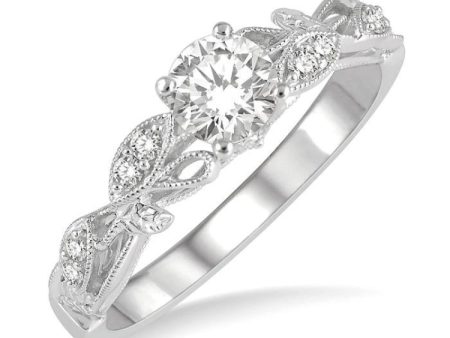 1 3 ctw Leaf Criss Cross Shank Round Cut Diamond Engagement Ring with 1 4 Ct Round Cut Center Stone in 14K White Gold For Cheap