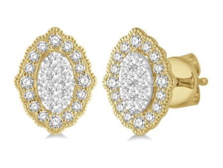 1 4 ctw Lattice Edge Oval Shape Lovebright Round Cut Diamond Earrings in 14K Yellow and White Gold For Cheap