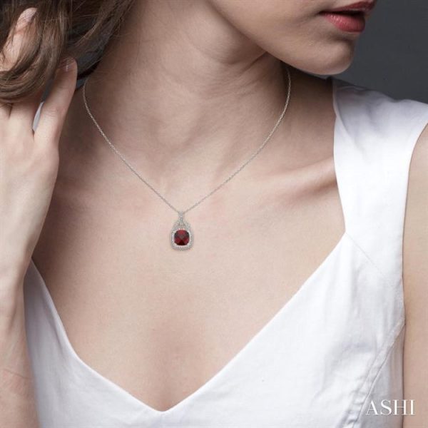 10x10 MM Cushion Shape Garnet and 1 20 Ctw Single Cut Diamond Pendant in Sterling Silver with Chain Hot on Sale