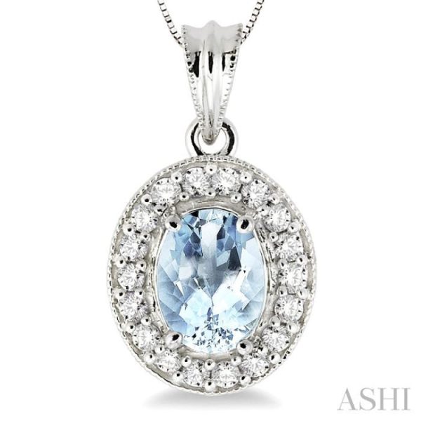 8x6 MM Oval Cut Aquamarine and 1 3 Ctw Round Cut Diamond Pendant in 14K White Gold with Chain Hot on Sale