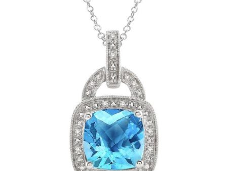 10x10 MM Cushion Shape Blue Topaz and 1 20 Ctw Single Cut Diamond Pendant in Sterling Silver with Chain Online now