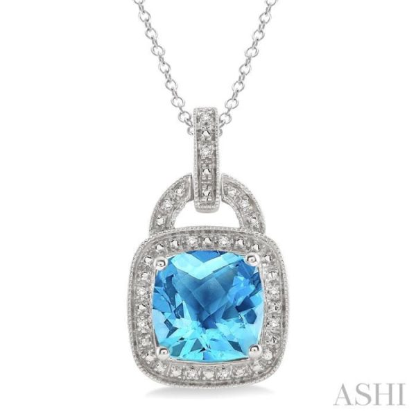 10x10 MM Cushion Shape Blue Topaz and 1 20 Ctw Single Cut Diamond Pendant in Sterling Silver with Chain Online now