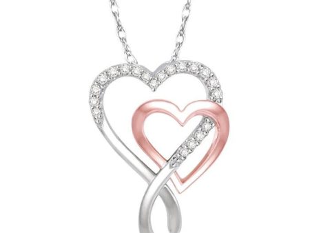 1 6 Ctw Interlocked Two Tone Double Heart Round Cut Diamond Pendant With Link Chain in 10K White and Rose Gold For Discount