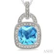 10x10 MM Cushion Shape Blue Topaz and 1 20 Ctw Single Cut Diamond Pendant in Sterling Silver with Chain Online now